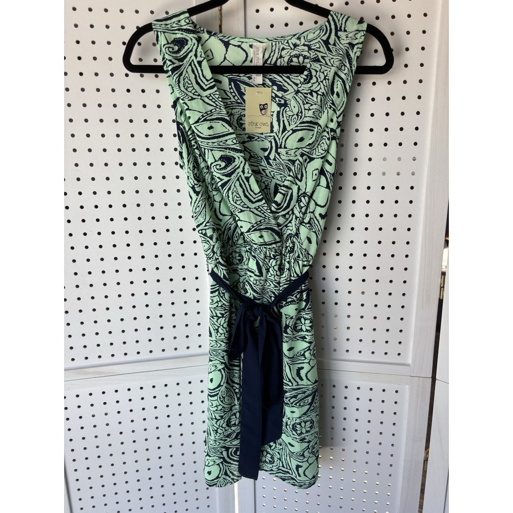 NWT Pink Owl Women's M Printed Faux Wrap‎ Mint Green & Navy Mini Belted Dress